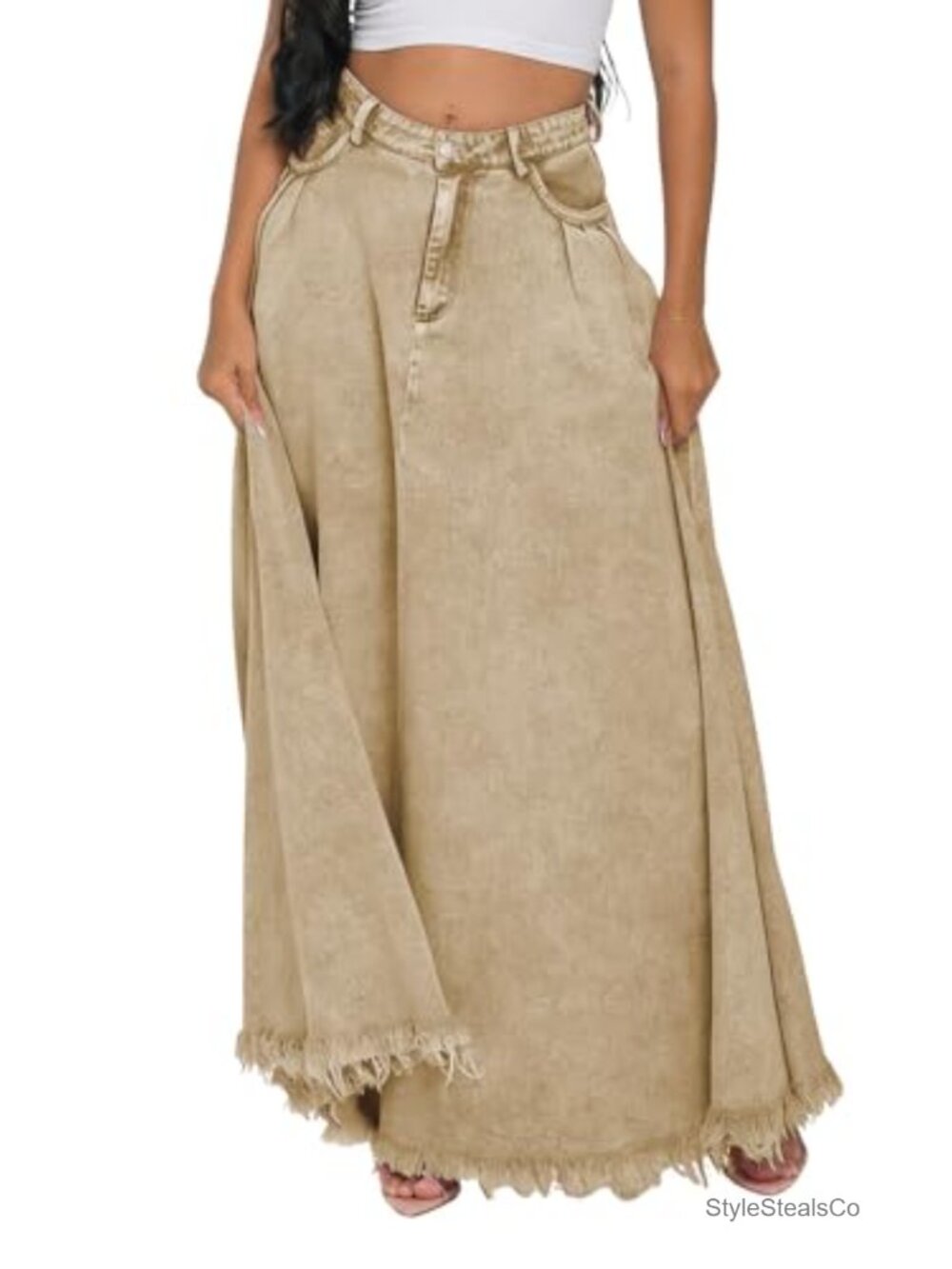 Boho Distressed High Waist A-Line Maxi Denim Skirt Frayed Hem Flowy Jean Skirt